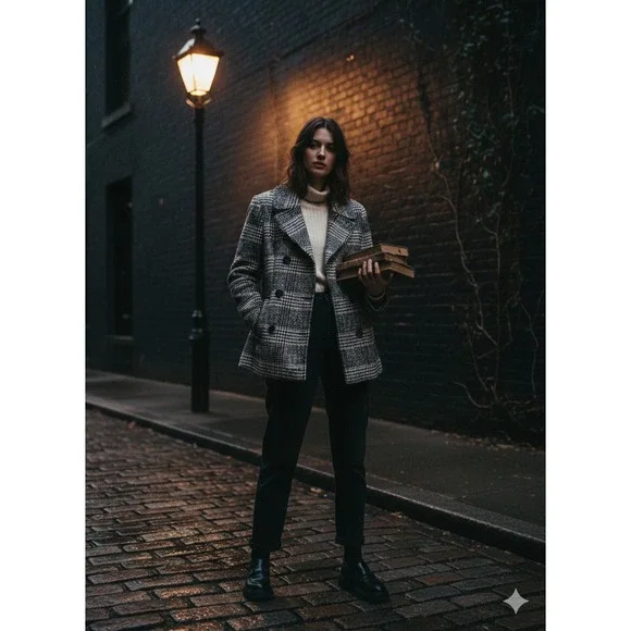 VNTG Maralyn & Me Plaid Pea Coat Dark Academia Tweed Jacket Brown Grey S - Picture 2 of 9